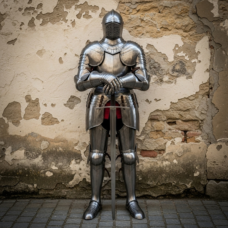 Medieval Armor and Two-Handed Sword Displayed Against Wall Medieval Armor and Two-Handed Sword Displayed Against Wall