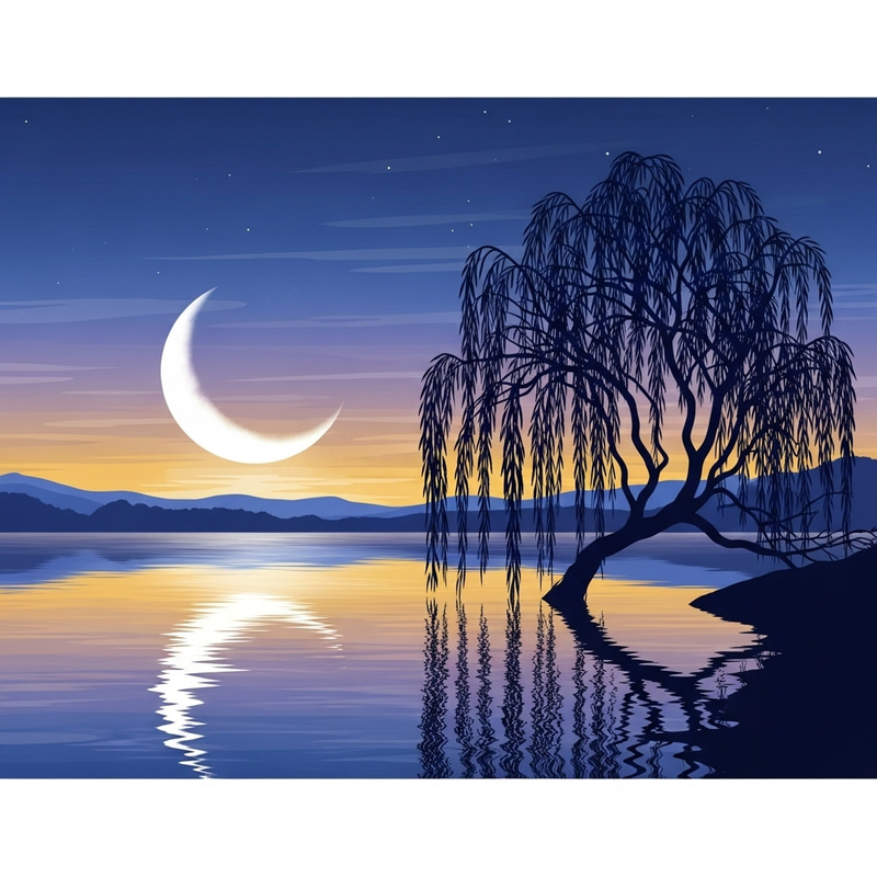 Serene iPhone Wallpaper with Crescent Moon and Willow Tree