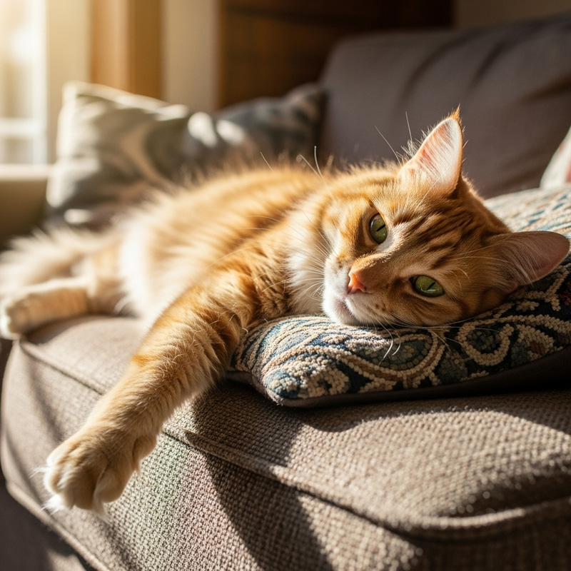 Fluffy Cat Relaxing on Sunlit Couch Fluffy Cat Relaxing on Sunlit Couch