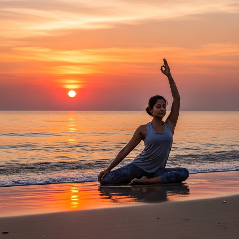 Calm Beach Yoga Meditation Woman Sunset Image