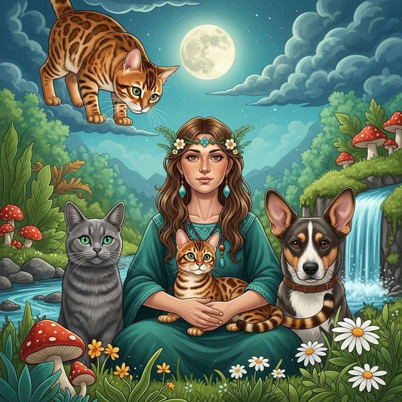 Mystical Connection: Bengal Cat, Shaman Woman & Nature Harmony Mystical Connection: Bengal Cat, Shaman Woman & Nature Harmony