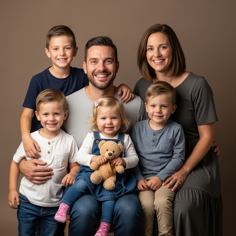 Beautiful Family Portrait: Parents, 2 Sons (8 & 3), and 4-Year-Old Daughter Beautiful Family Portrait: Parents, 2 Sons (8 & 3), and 4-Year-Old Daughter