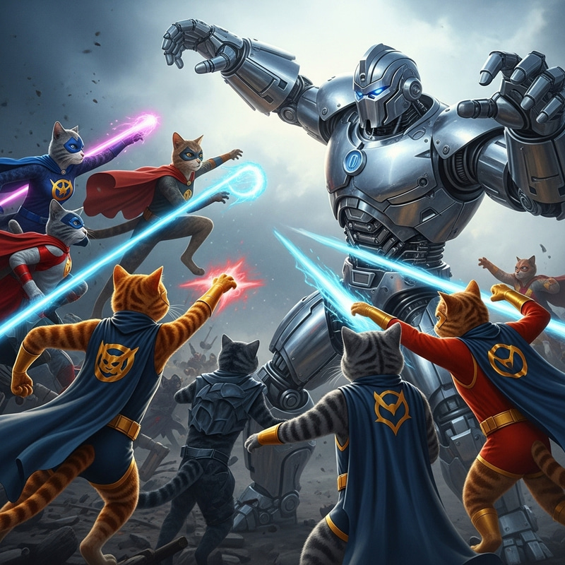 Epic Showdown: Superhero Cats vs Robot Army Battle