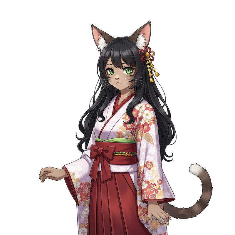 Cat Girl in Enchanting Kimono Costume - Mystical Feline Hybrid Cat Girl in Enchanting Kimono Costume - Mystical Feline Hybrid