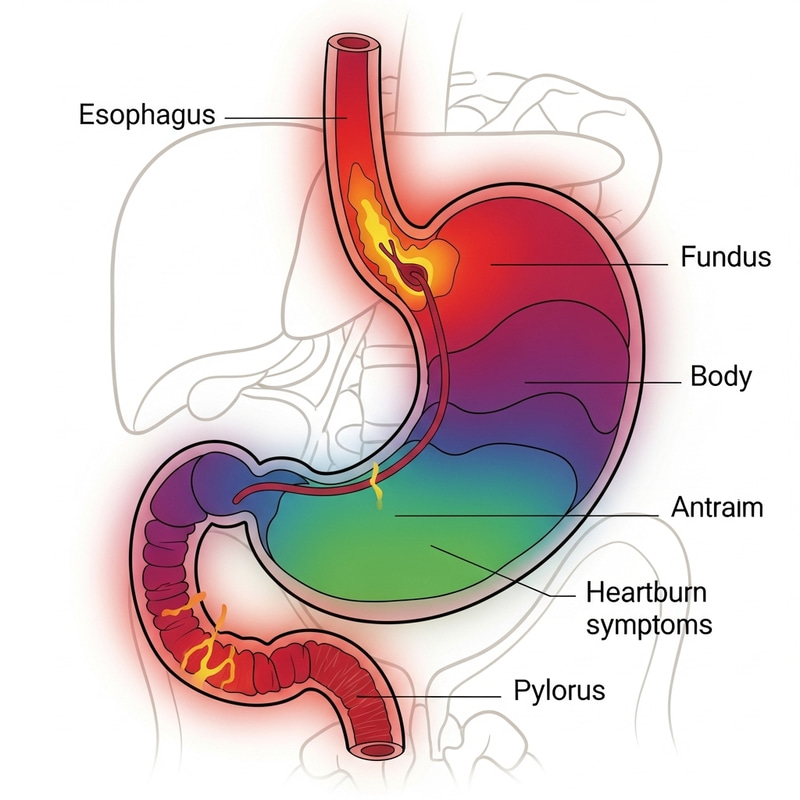 Vibrant Illustration of Human Stomach with Heartburn in Green, Purple, and Red
