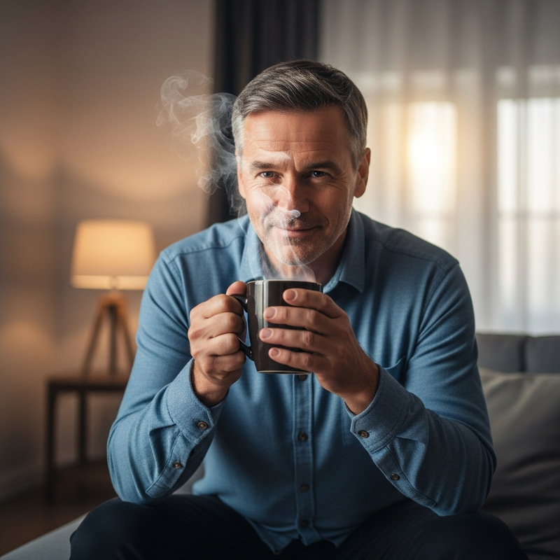 Middle-Aged Man Enjoying Steaming Coffee | Cozy Morning Scene Middle-Aged Man Enjoying Steaming Coffee | Cozy Morning Scene