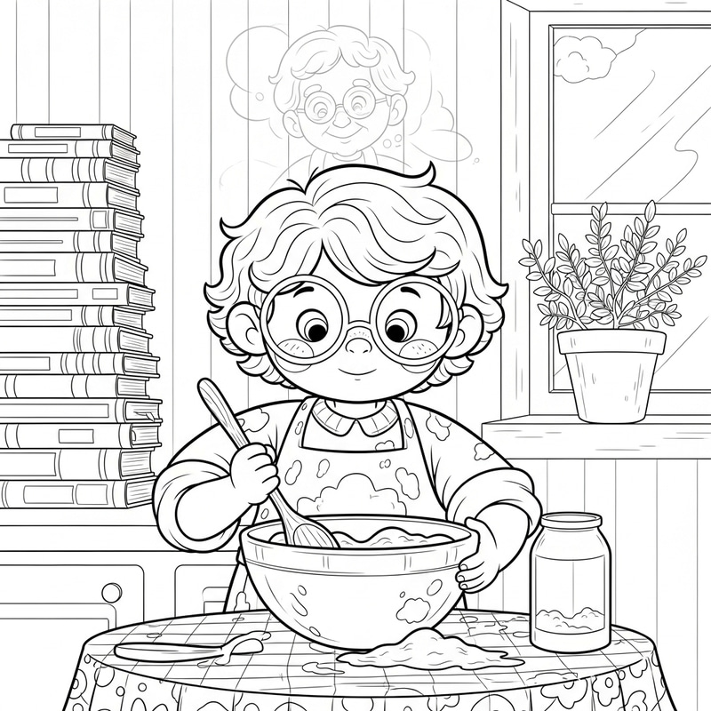 Caring Child Honoring Memory Through Whimsical Kitchen Cartoon Caring Child Honoring Memory Through Whimsical Kitchen Cartoon