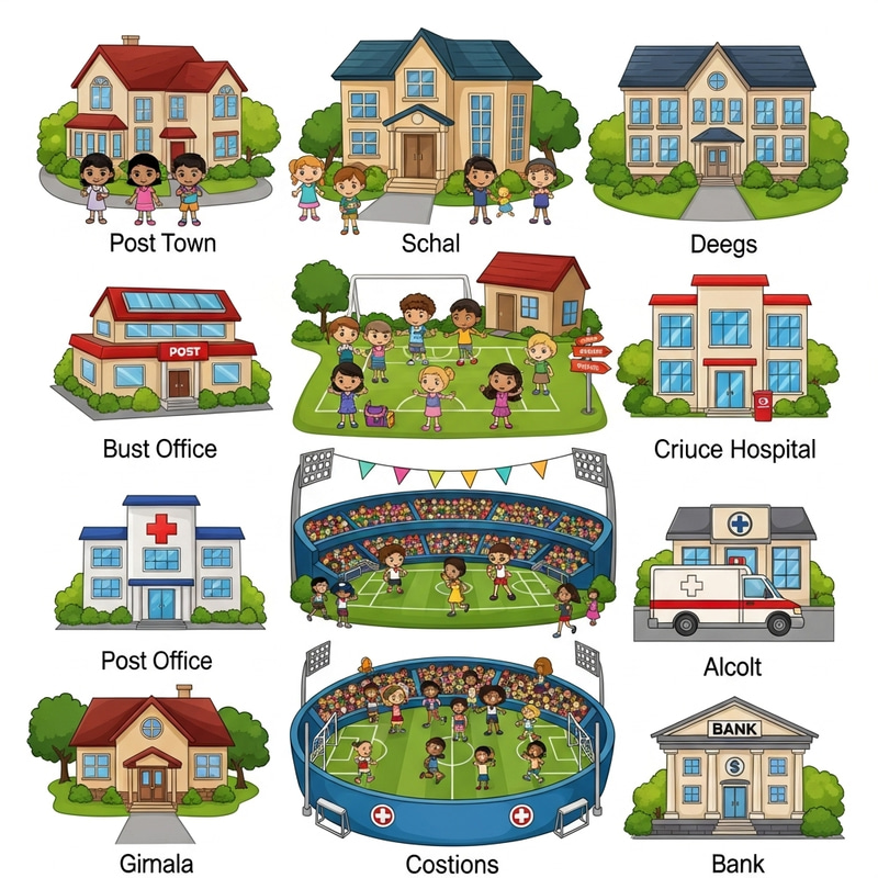 Colorful Cartoon Town Planning: Residential Buildings, School, Post Office, Hospital, Stadium, Bank Colorful Cartoon Town Planning: Residential Buildings, School, Post Office, Hospital, Stadium, Bank