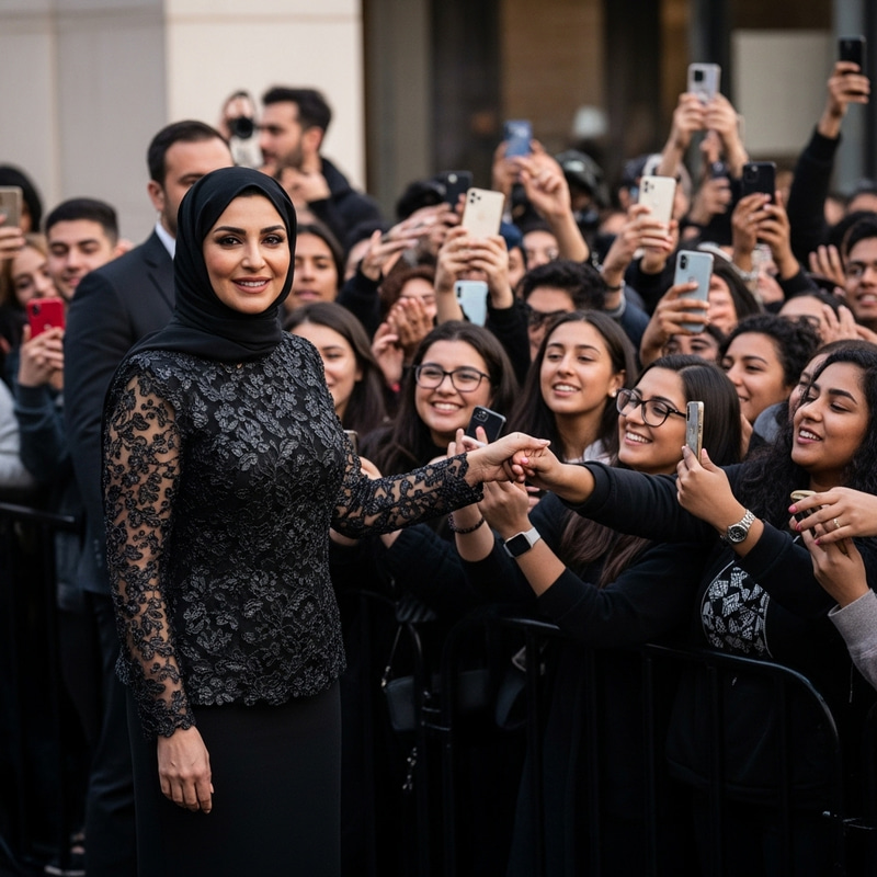 Inspiring Woman Atop Peak Gazing at Admiring Crowd Inspiring Woman Atop Peak Gazing at Admiring Crowd