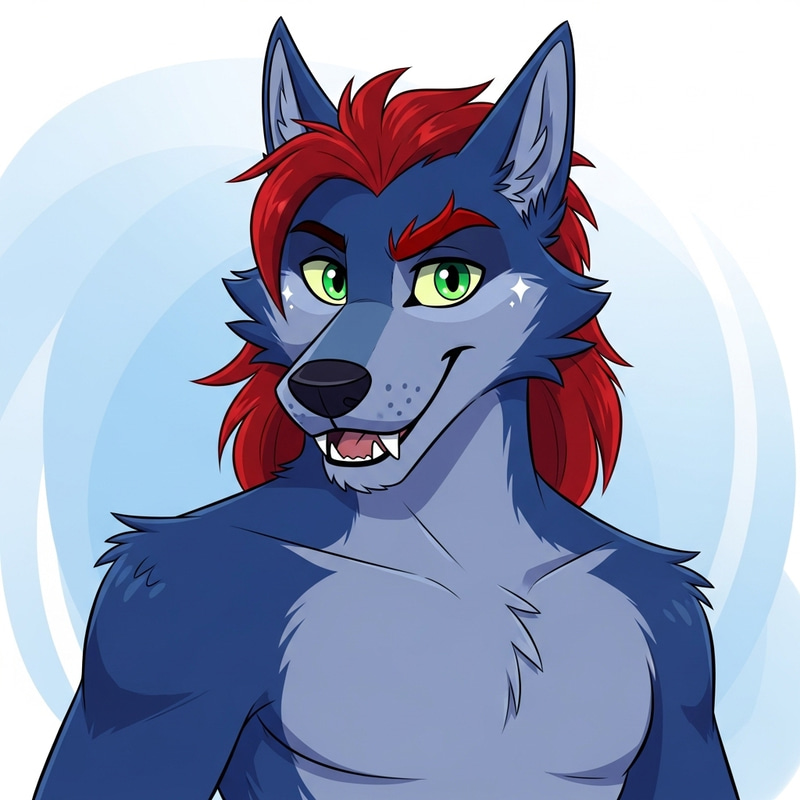 Cartoon Furry Blue Wolf with Red Hair and Green Eyes Cartoon Furry Blue Wolf with Red Hair and Green Eyes