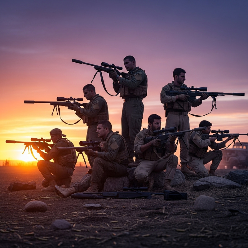 Team of Snipers at Sunset on the Battlefield Team of Snipers at Sunset on the Battlefield