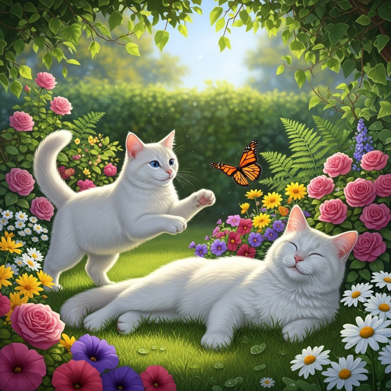Happy White Cats with Blue Eyes Frolicking in Garden Happy White Cats with Blue Eyes Frolicking in Garden
