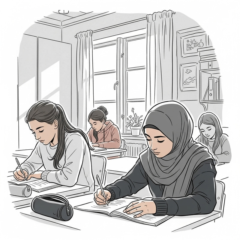 Multicultural School Setting in Norway - Students Studying with a Veiled Girl