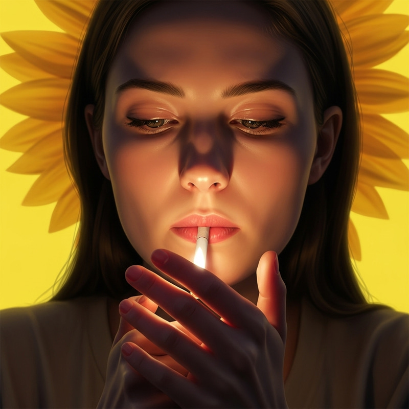 Close-Up Hyperrealistic Portrait of Woman Lighting Cigarette