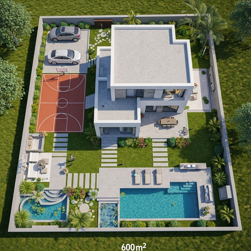 Modern Luxury House Plan: 600 sqm with Garden, Pool, and More
