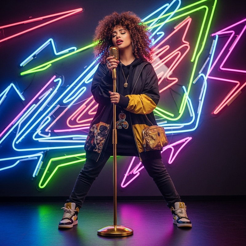 Doja Cat - Bold Pop Star in Fashionable Streetwear | Curly Hair & Neon Sign Aura Doja Cat - Bold Pop Star in Fashionable Streetwear | Curly Hair & Neon Sign Aura