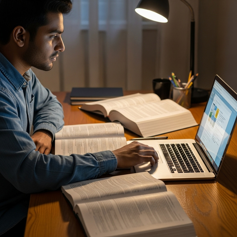 Focused Student Studying with Laptop