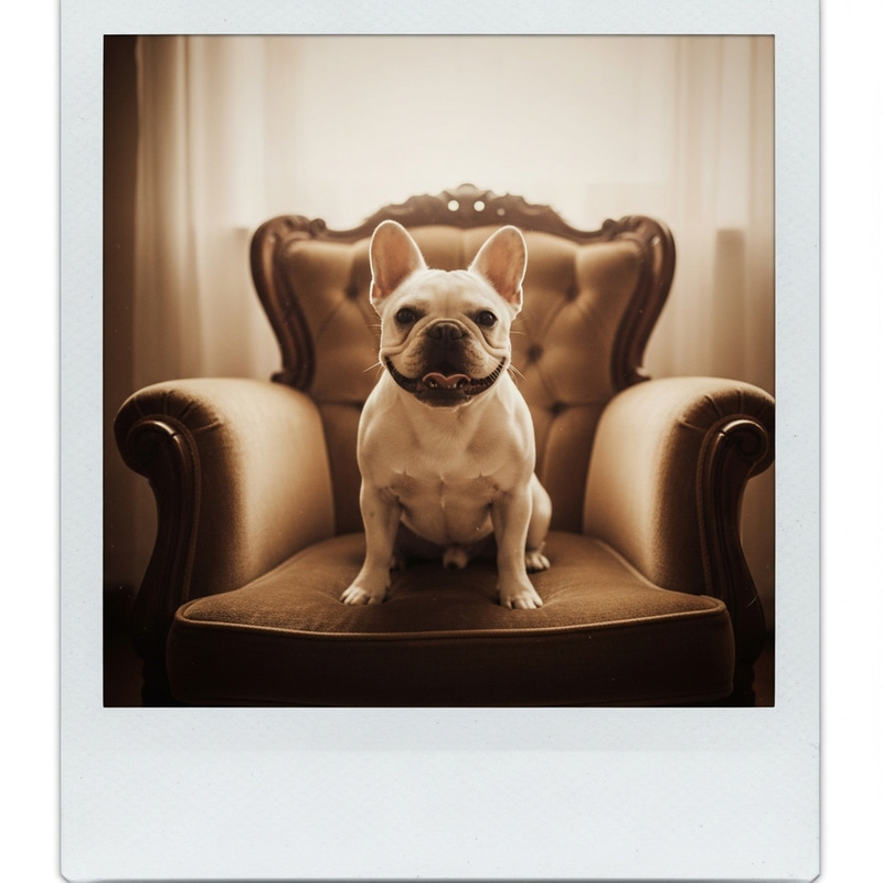 Cute French Bulldog on Vintage Armchair - Retro Polaroid Pet Photography Cute French Bulldog on Vintage Armchair - Retro Polaroid Pet Photography