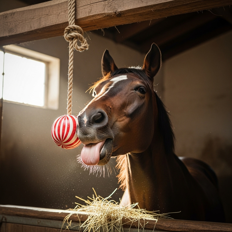 Horse Licking Sweet Candy Ball in Stable Horse Licking Sweet Candy Ball in Stable