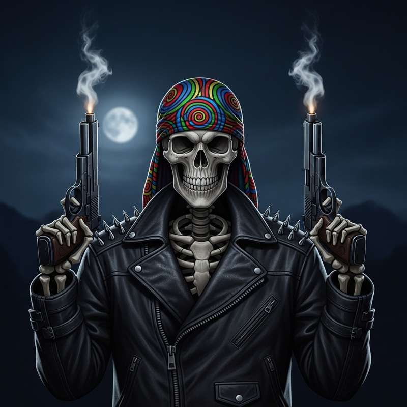Badass Skeleton: Do-Rag, Jacket, and Smoking Guns