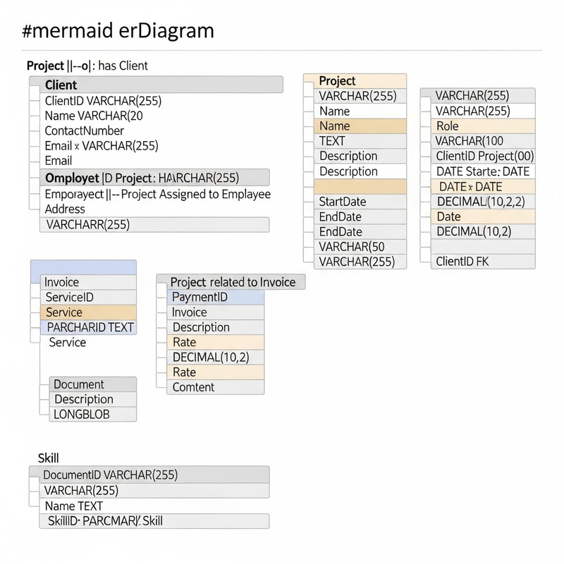 Detailed ERD for TechSolutions Inc.: Entities, Attributes, Relationships Detailed ERD for TechSolutions Inc.: Entities, Attributes, Relationships
