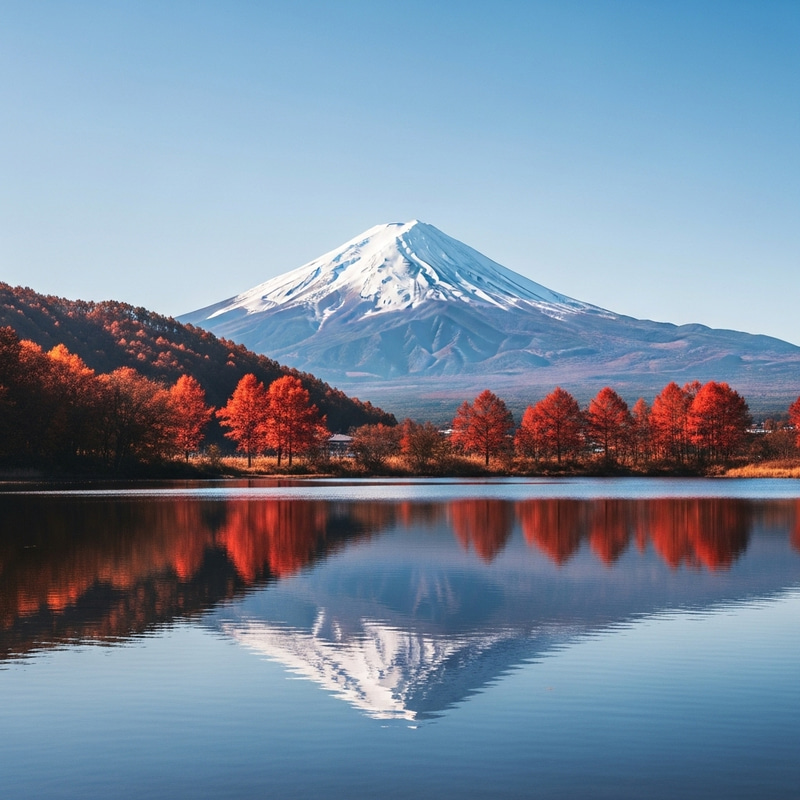 Fujiyama Volcano Serene Landscape with Red Trees and Lake, Realism 8K Fujiyama Volcano Serene Landscape with Red Trees and Lake, Realism 8K