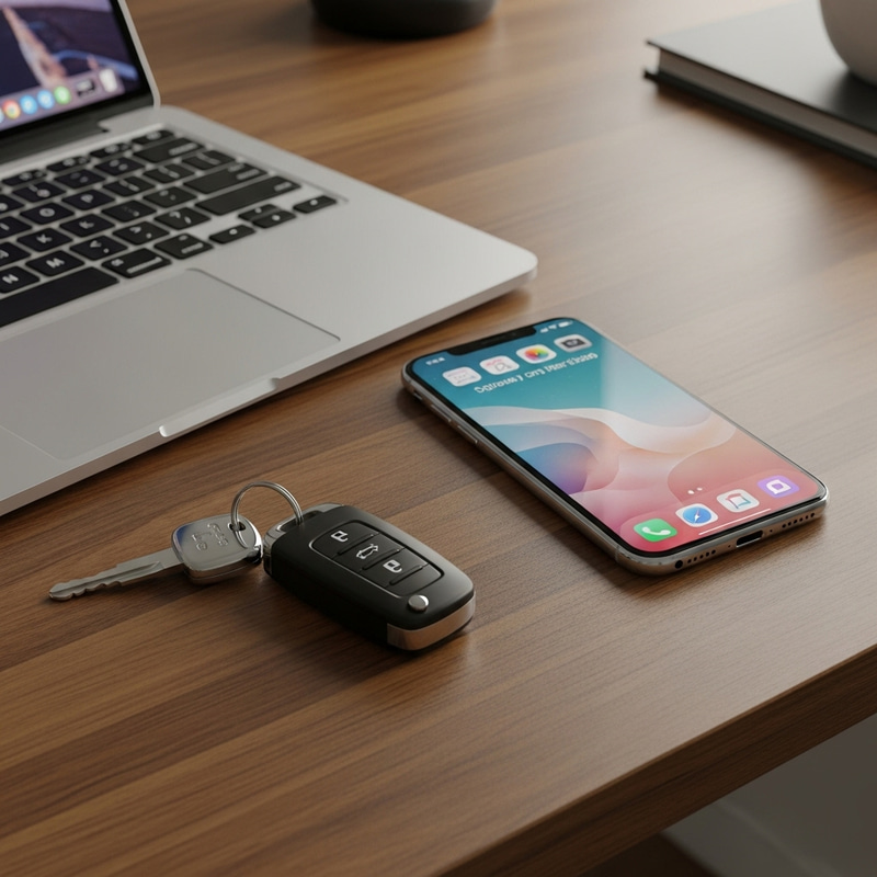 Modern Laptop, Smartphone, Car Keys on Table Modern Laptop, Smartphone, Car Keys on Table