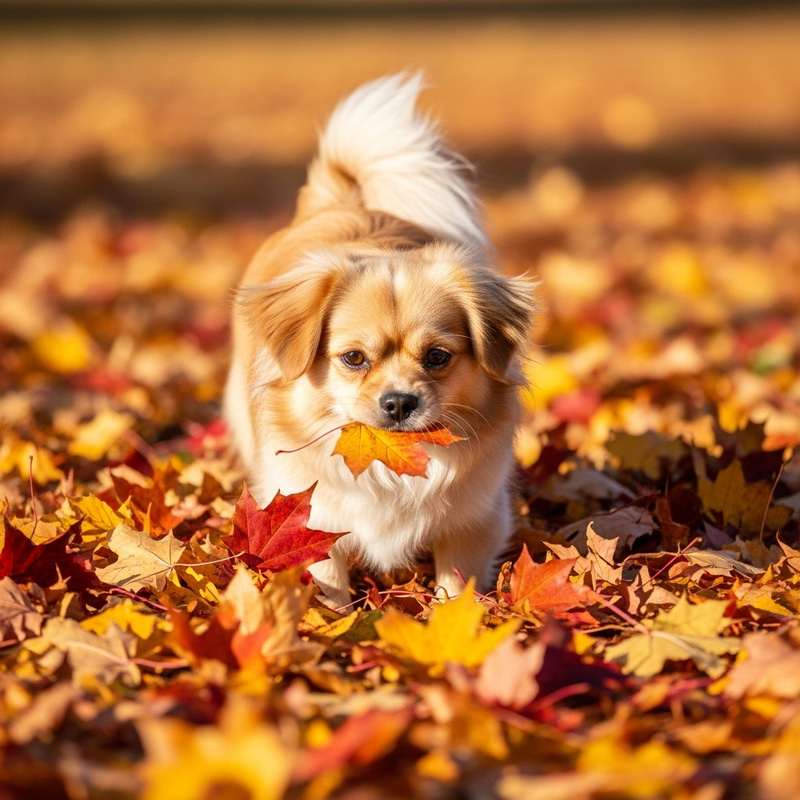 Tibetan Spaniel Playing in Autumn Leaves Tibetan Spaniel Playing in Autumn Leaves