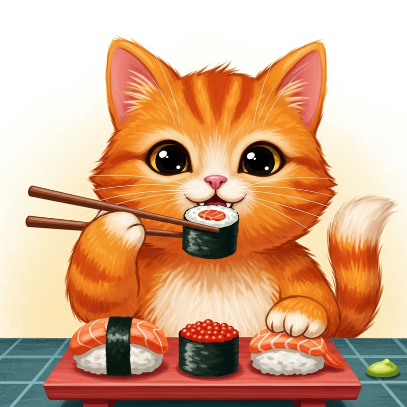 Whimsical Cartoon Cat Enjoying Sushi with Playful Charm Whimsical Cartoon Cat Enjoying Sushi with Playful Charm