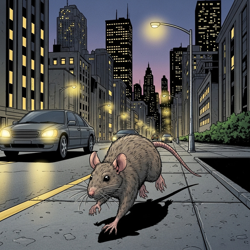 Urban Rat Running Down City Street - Comic Style Artwork