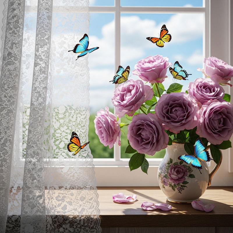 Beautiful Purple Roses and Butterflies on Windowsill