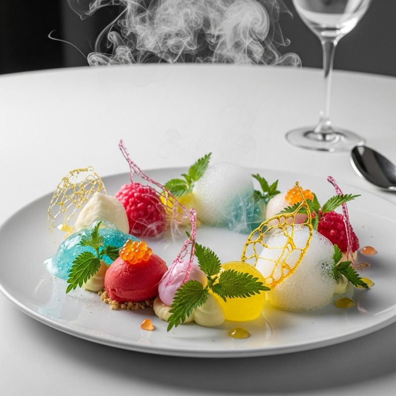 Futuristic Dessert Art: Sorbet, Foams, Gels, Nettle Leaves Futuristic Dessert Art: Sorbet, Foams, Gels, Nettle Leaves