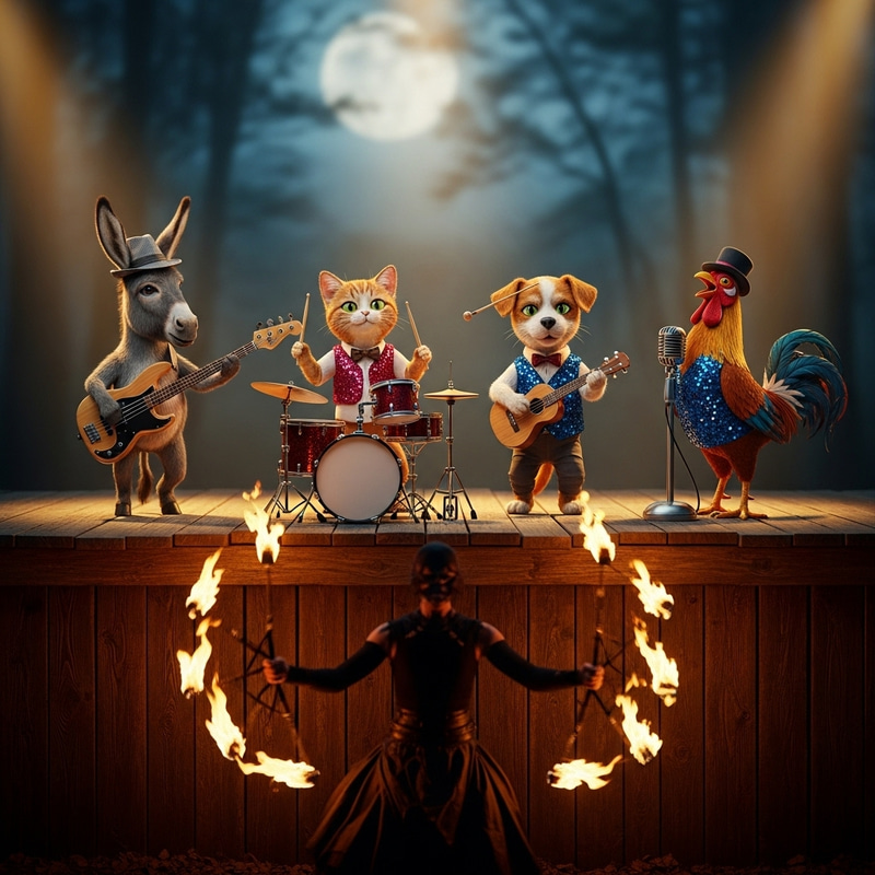 Bremen Town Musicians Musical Performance with Fire Show on Stage