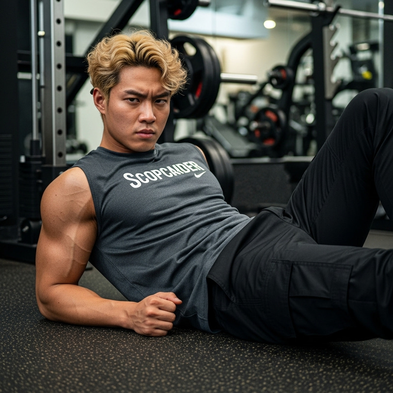 Korean Man with Blonde Curly Hair in Gym | Intense Look Korean Man with Blonde Curly Hair in Gym | Intense Look