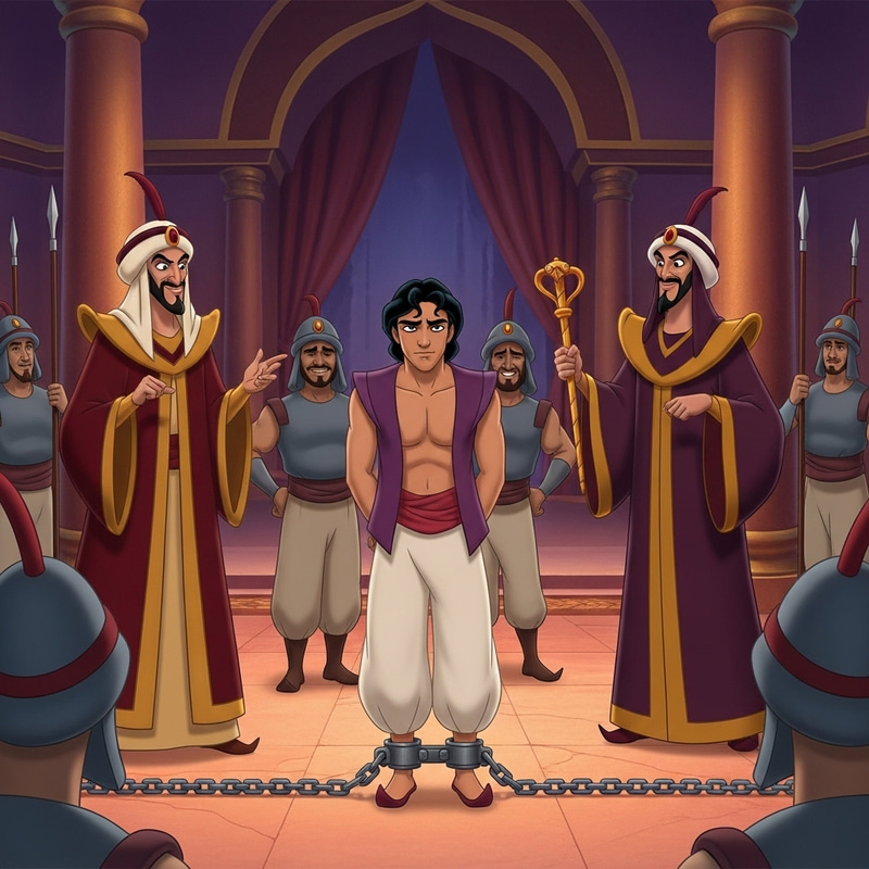 Aladdin Captured: Prince Chained and Watched by Jafar Aladdin Captured: Prince Chained and Watched by Jafar