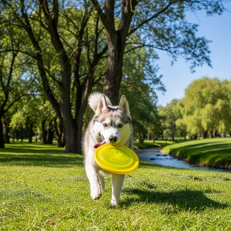 Playful Husky Dog Chasing a Frisbee in the Park Playful Husky Dog Chasing a Frisbee in the Park