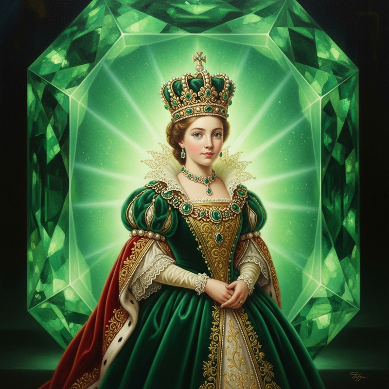 Young Queen in Emerald: Intricate Oil Painting Young Queen in Emerald: Intricate Oil Painting