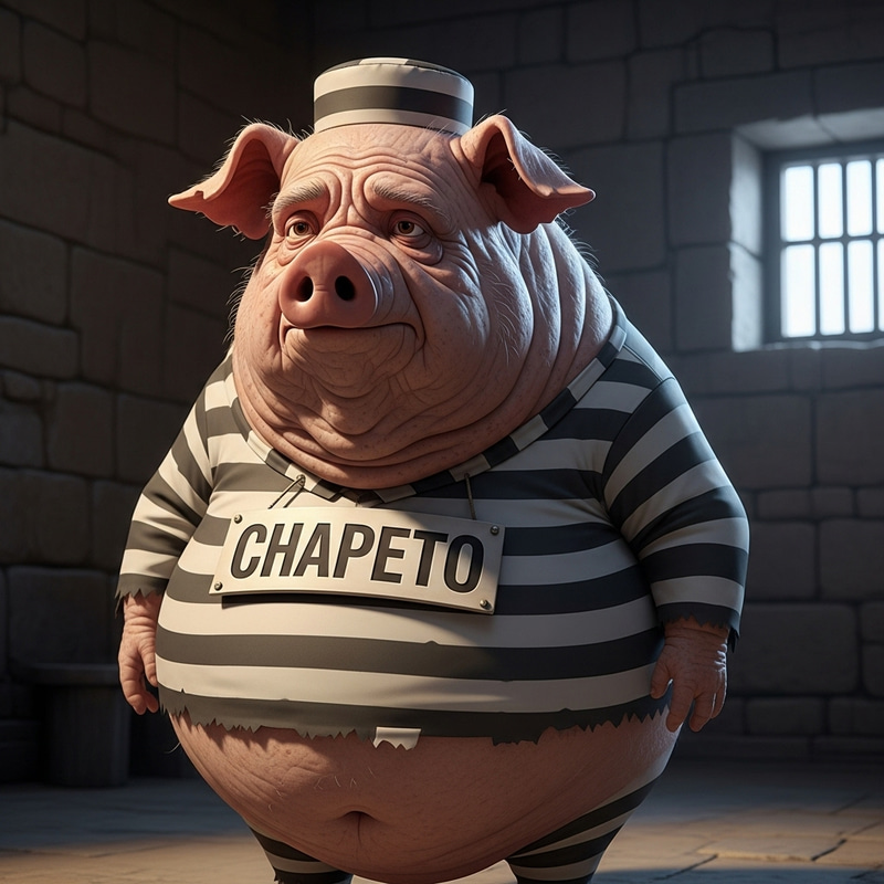 Old and Fat Pig in Prison Suit with 'CHAPETO' Sign Old and Fat Pig in Prison Suit with 'CHAPETO' Sign