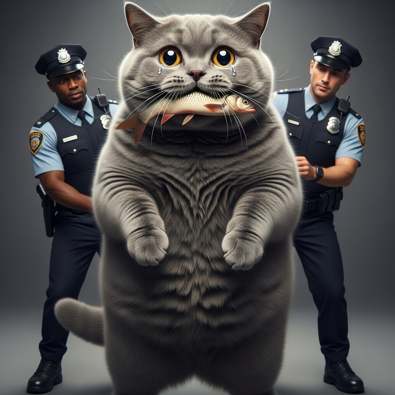 Arrested: Plump British Shorthair Cat with Huge Fish, Police Officers Watching Arrested: Plump British Shorthair Cat with Huge Fish, Police Officers Watching