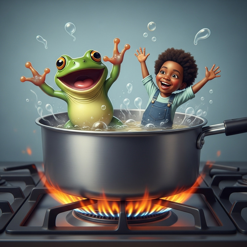 Joyful Frog and Person Escaping Boiling Pan on Stove | Relieved and Happy Scene Joyful Frog and Person Escaping Boiling Pan on Stove | Relieved and Happy Scene