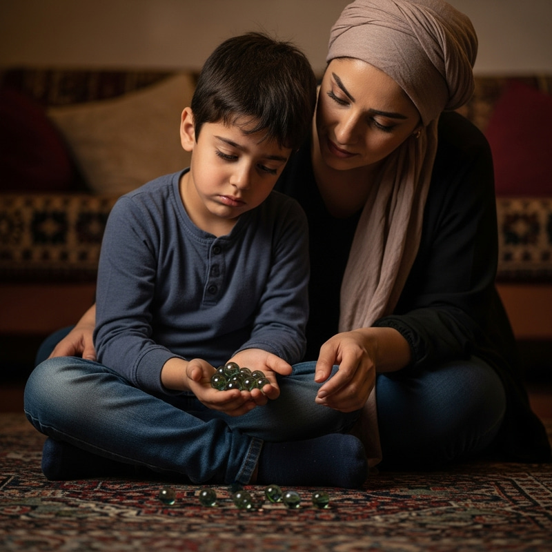 Sad Middle-Eastern Boy and Mother Playing Marbles Sad Middle-Eastern Boy and Mother Playing Marbles