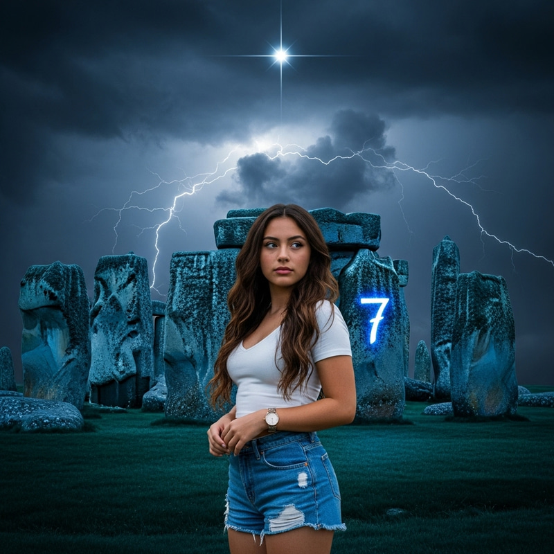 Mystical Scene: 18-Year-Old with Wavy Hair at Glowing Stonehenge Mystical Scene: 18-Year-Old with Wavy Hair at Glowing Stonehenge
