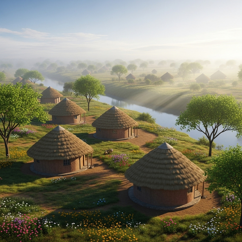 Serene African Village at Dawn | Beautiful Panorama Serene African Village at Dawn | Beautiful Panorama