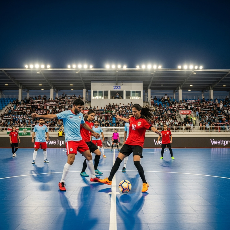 Futsal Stadium Under Evening Sky: Intense Match & Passionate Spectators