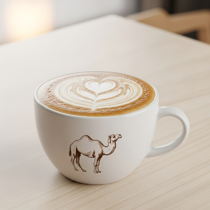 White Cappuccino Cup with Camel and Heart Shape Art White Cappuccino Cup with Camel and Heart Shape Art