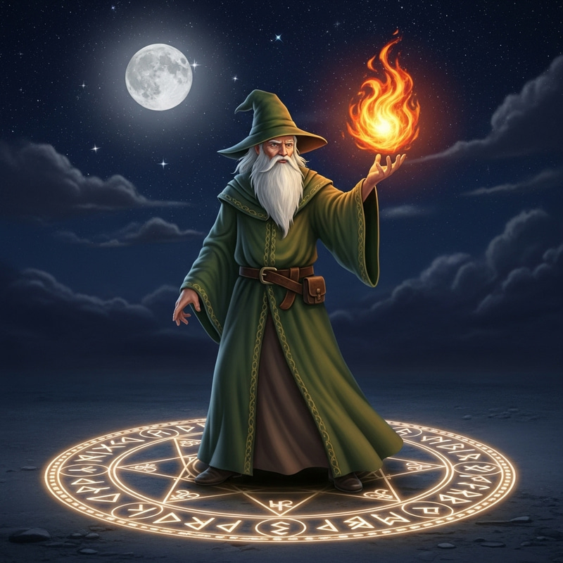 Elderly Sorcerer Casting Fireball - Mystical Night Scene Elderly Sorcerer Casting Fireball - Mystical Night Scene