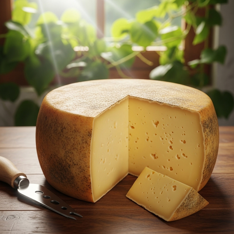 Rich and Creamy Yellow Cheese Wheel on Rustic Table