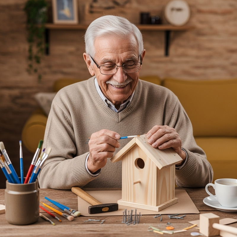 Elderly Hispanic Man Crafting Wooden Birdhouse with Joy | Creative Arts and Crafts