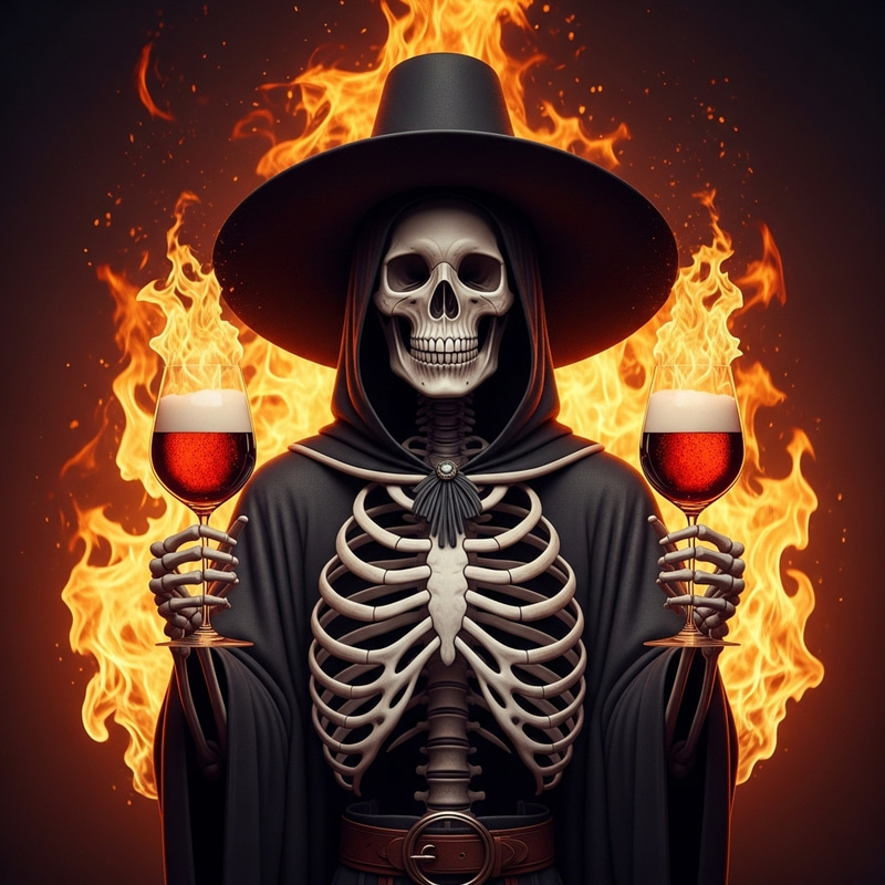 Eerie 3D Skeleton with Wine Glasses in Flames Eerie 3D Skeleton with Wine Glasses in Flames
