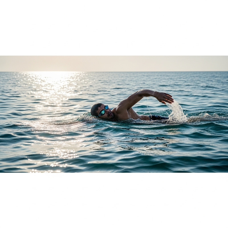 Rawad Fares Swims in Expansive Sea with Dazzling Sunlight